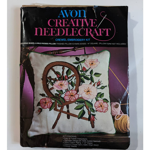 Vintage 70's Crewel Embroidery Pillow Kit, Roses and Spinning Wheel, Avon Crafts - Picture 2 of 10